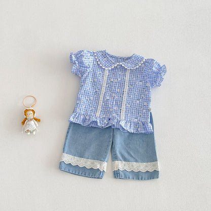 【BABY&KID】夏新作小花柄レースフリルシャツ、パンツSK105022