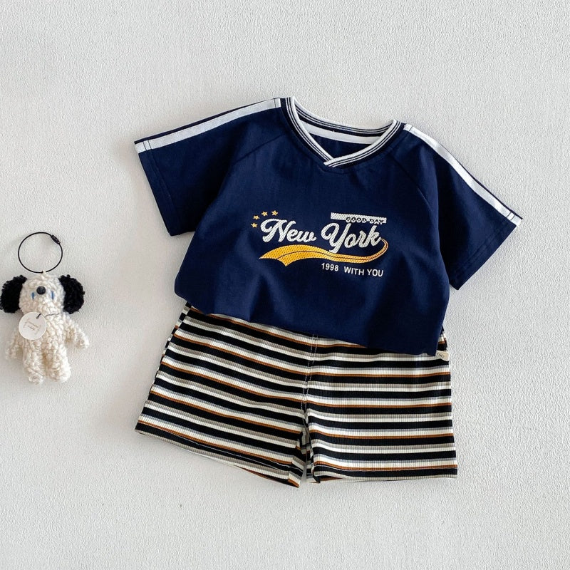 【BABY&KID】夏新作VネックロゴTシャツ、ボーダーショートパンツSK105515