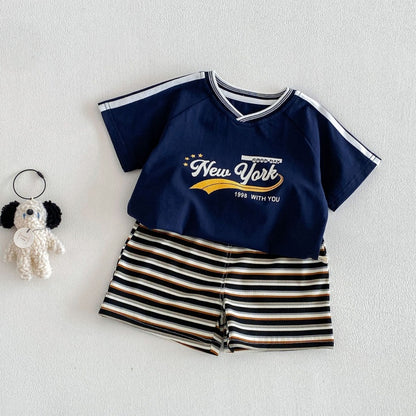 【BABY&KID】夏新作VネックロゴTシャツ、ボーダーショートパンツSK105515