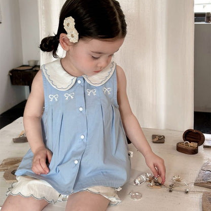 【BABY&KID】夏新作蝶結び刺繍シャツ、無地ショートパンツSK105715