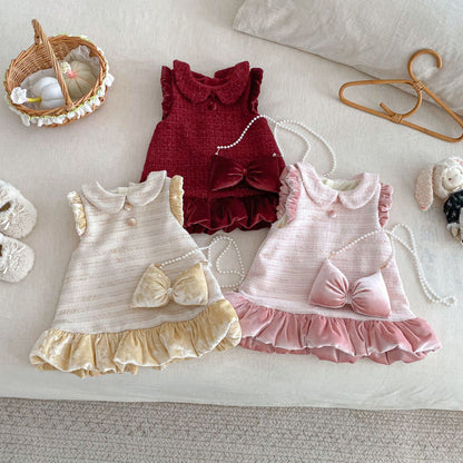 【BABY&KID】冬新作ツイード風お姫様ワンピース＆リボンアクセSK102733