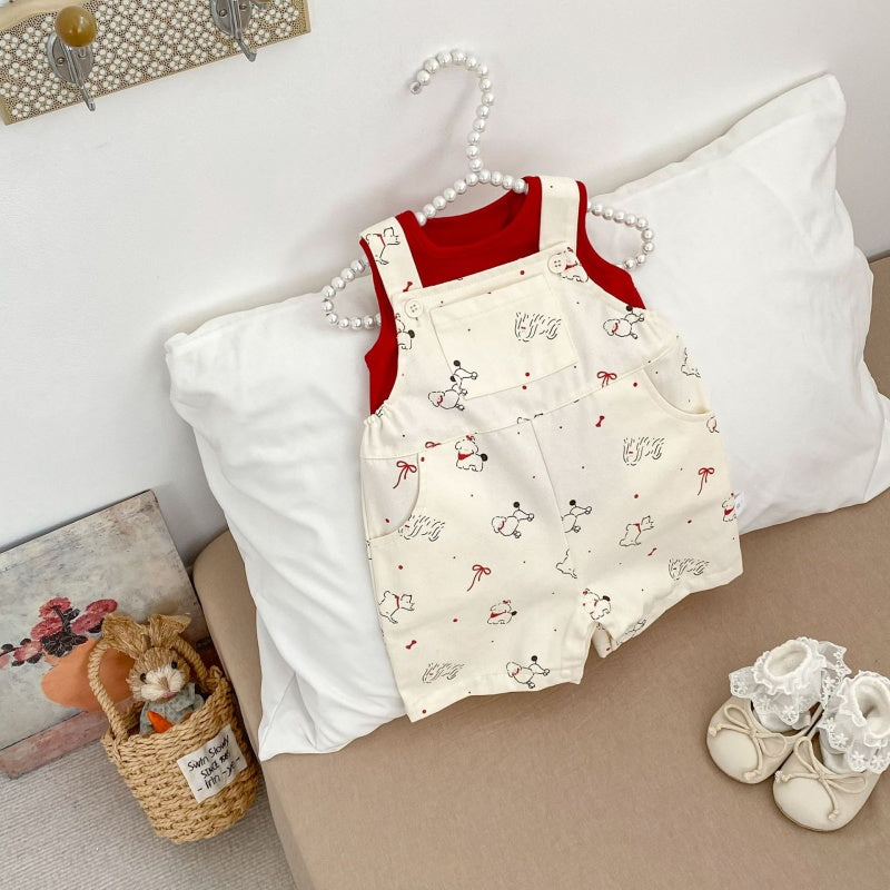 【BABY&KID】夏新作いぬプリントサロペットショートパンツ＆無地タンクトップSK105509