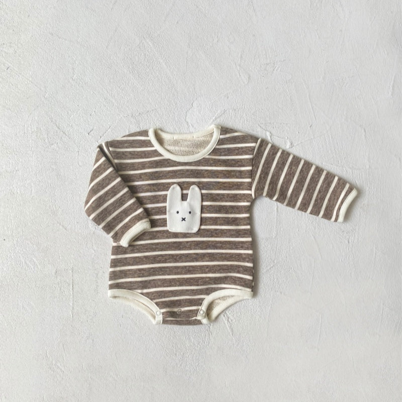 【BABY】レトロストライプうさぎアップリケロンパースSK101903