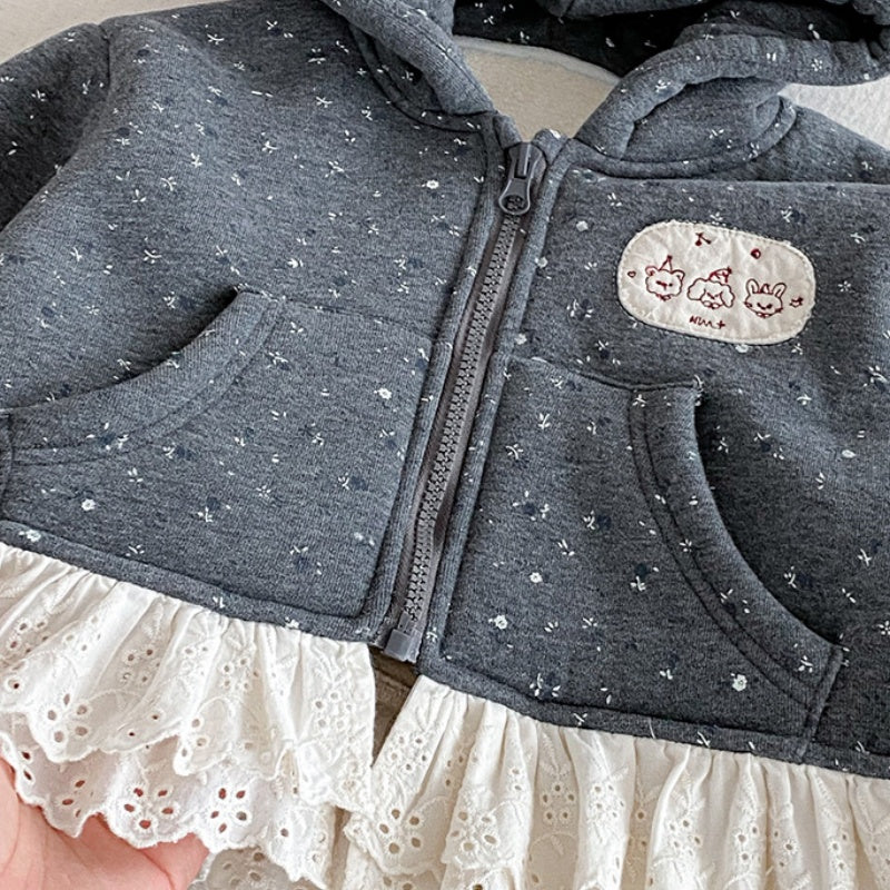 【BABY】冬新作花柄レースフード付き裏起毛アウターSK102721