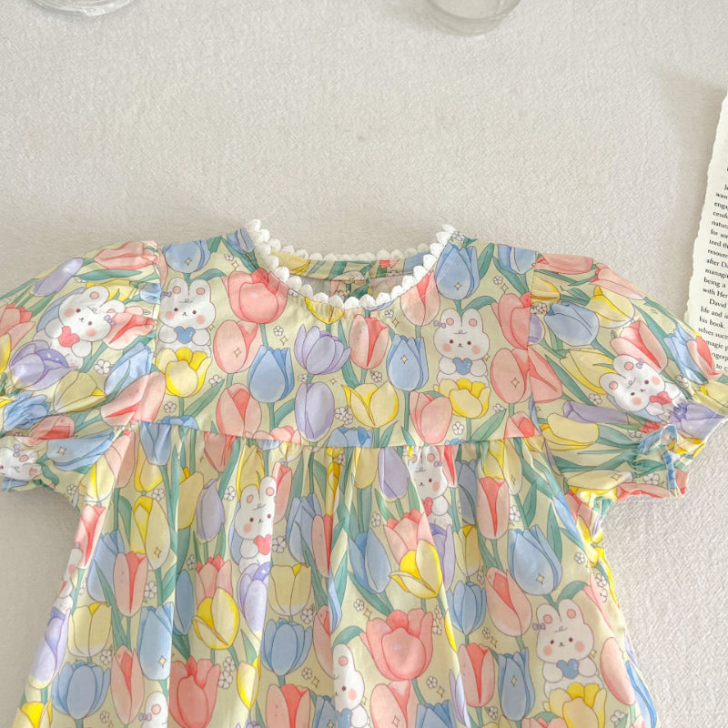 【BABY&KID】夏新作 花柄うさぎロンパース、ロンパースワンピ、ワンピースSK090713