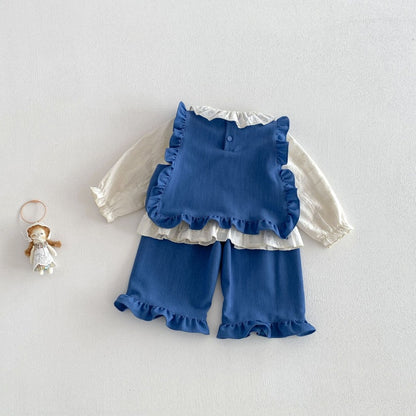 【BABY&KID】刺繍パフスリーブシャツ、刺繍ベスト、デニムパンツSK104122