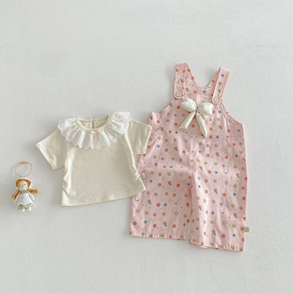 【BABY&KID】夏新作蝶結び総柄サロペット、レース襟TシャツSK104823