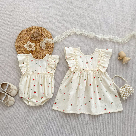 【姉妹服】夏新作 さくらんぼ柄ビッグリボンロンパース、ワンピースSK072321