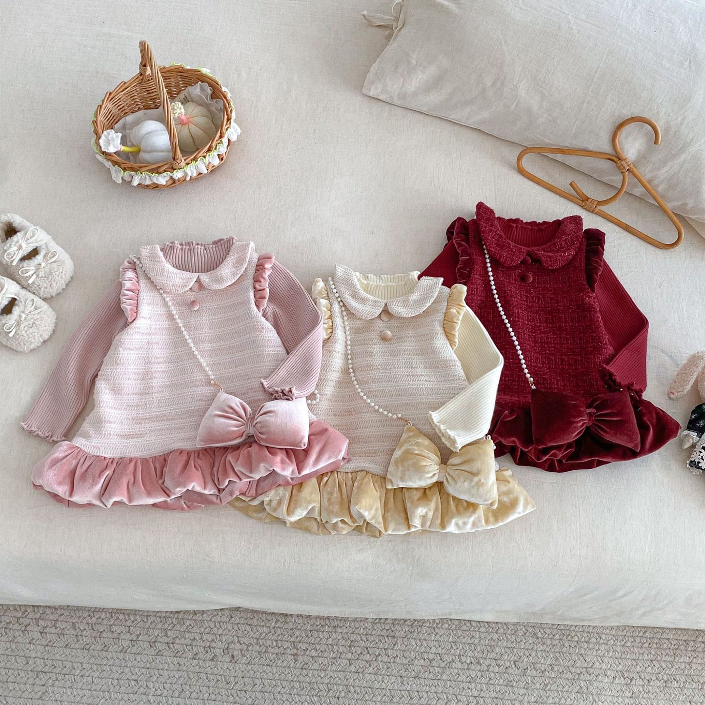 【BABY&KID】冬新作ツイード風お姫様ワンピース＆リボンアクセSK102733