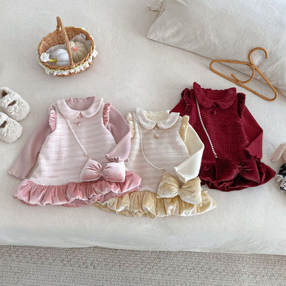 【BABY&KID】冬新作ツイード風お姫様ワンピース＆リボンアクセSK102733