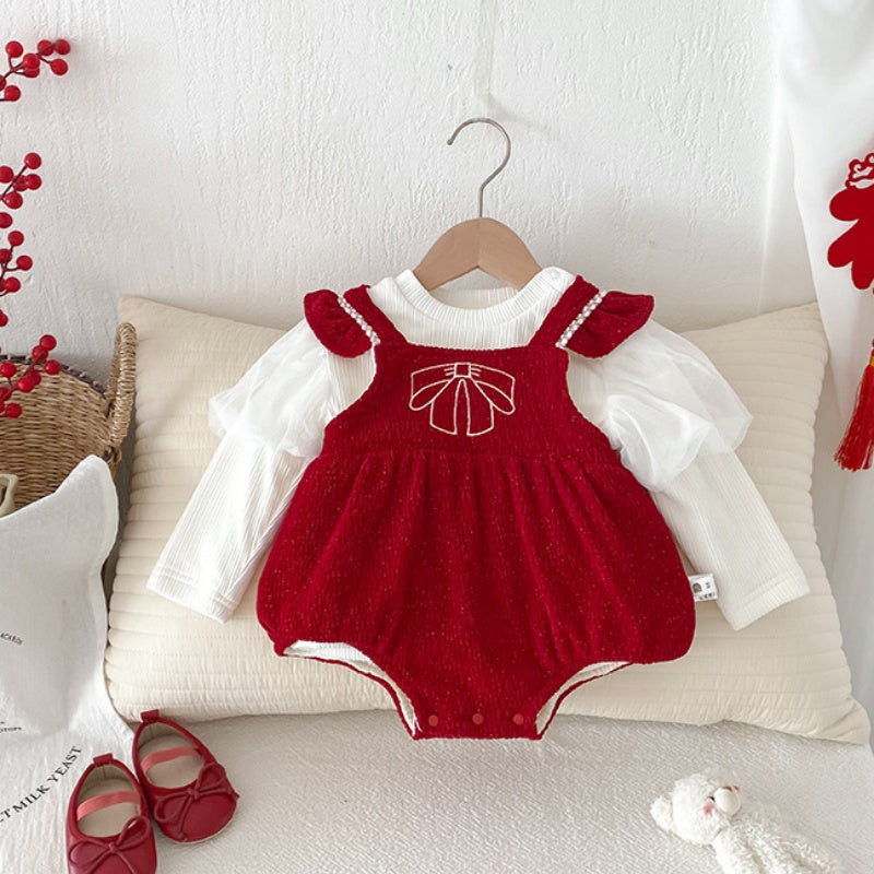 【BABY】冬新作蝶結び刺繍あったかロンパース、ワンピースSK103114