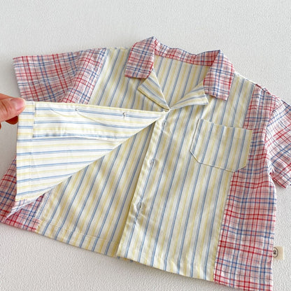 【BABY&KID】夏新作韓国風ストライプ半袖シャツ、デニムパンツSK104824