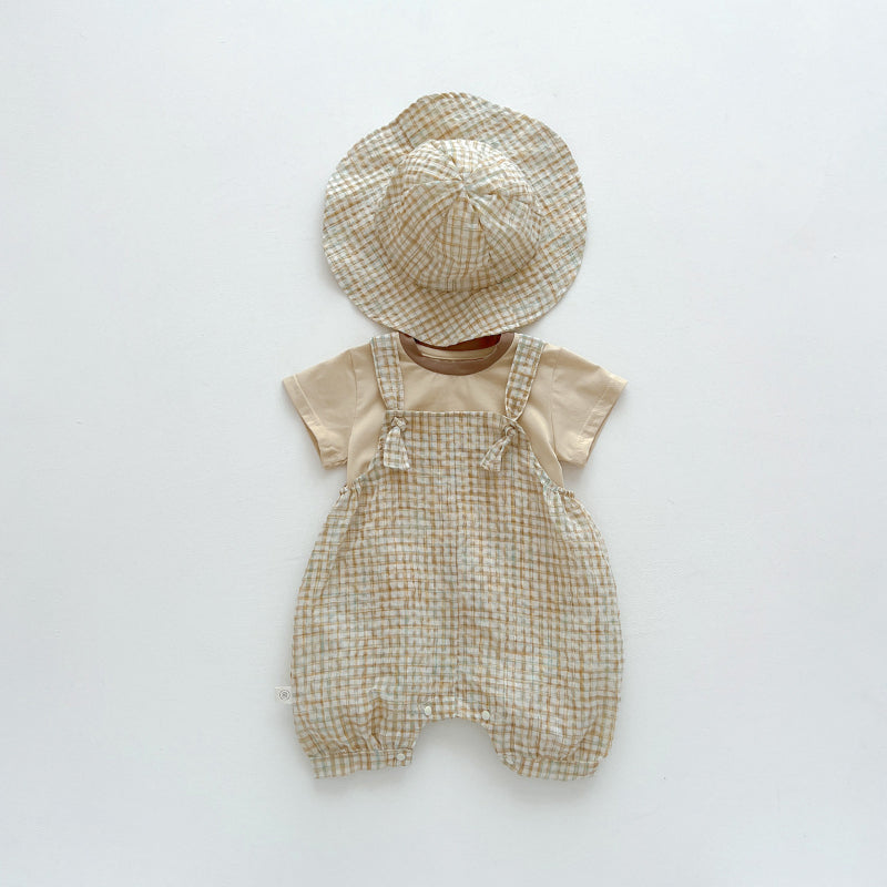 【BABY】夏新作 帽子付きチェックサロペット＆シャツ3点セットSK062602