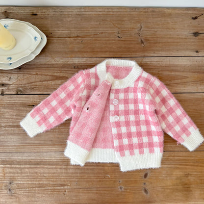 【BABY】チェックサロペットロンパース、カーディガンSK101535