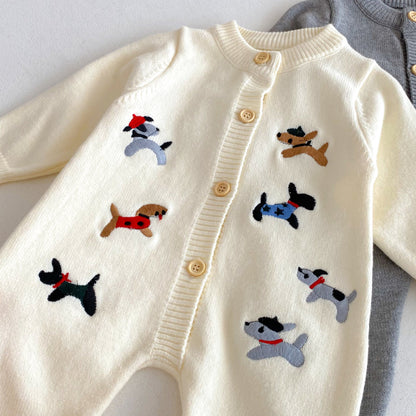 【BABY】ワンちゃん刺繍ニットカバーオール＆帽子SK092505