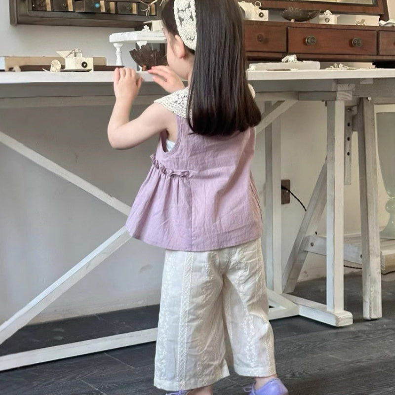 【BABY&KID】夏新作丸襟ノースリーブシャツ、レース刺繍パンツSK105714