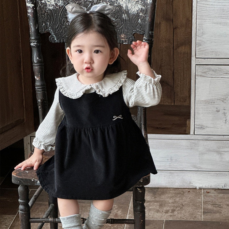 【BABY】韓国風蝶結び刺繍ワンピース、丸襟ボーダートップスSK104024