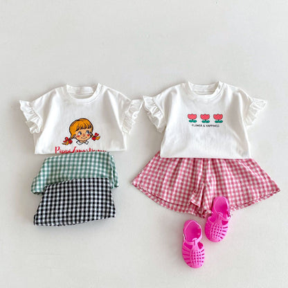 【BABY&KID】夏新作 フリル袖Tシャツ、チェックショートパンツSK091219