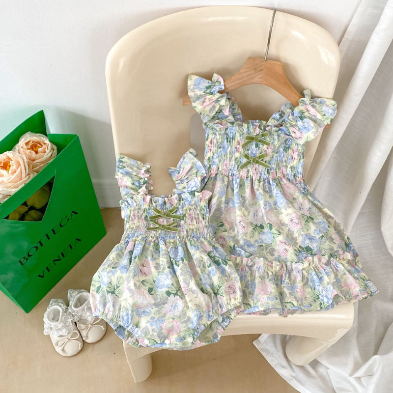 【姉妹服】夏新作 蝶結びフライングスリーブ花柄ロンパース、ワンピースSK072317