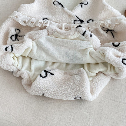 【BABY】冬新作 ボアリボン刺繍ロンパースSK102107