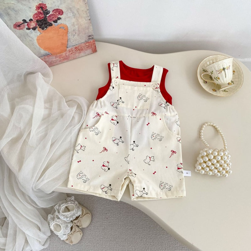 【BABY&KID】夏新作いぬプリントサロペットショートパンツ＆無地タンクトップSK105509
