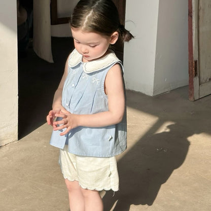 【BABY&KID】夏新作蝶結び刺繍シャツ、無地ショートパンツSK105715
