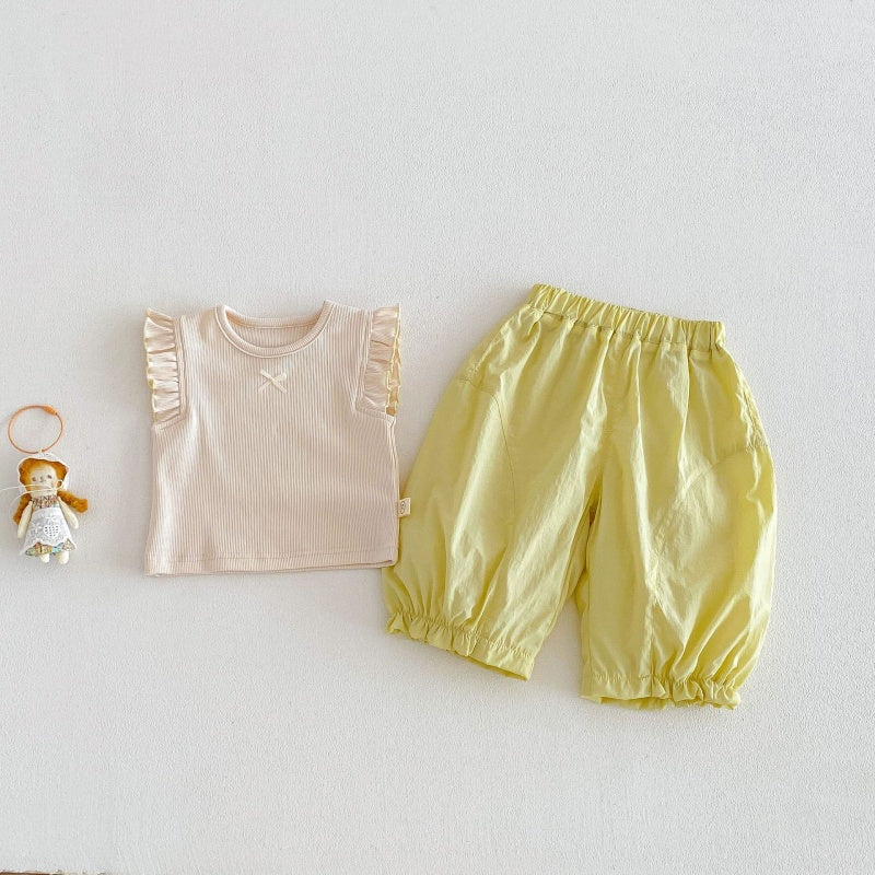【BABY&KID】夏新作無地フリルスリーブタンクトップ、パンツSK104623