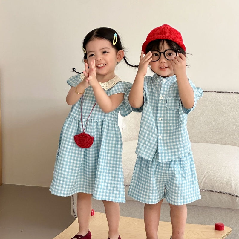 【BABY&KID】夏新作ブルーホワイトチェックセットアップ、ワンピースSK104702