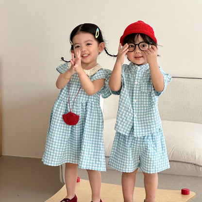 【BABY&KID】夏新作ブルーホワイトチェックセットアップ、ワンピースSK104702