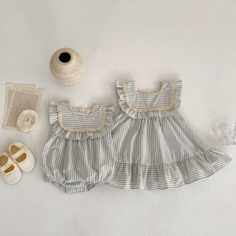 【姉妹服】夏新作 ストライプフリルロンパース、ワンピースSK072318