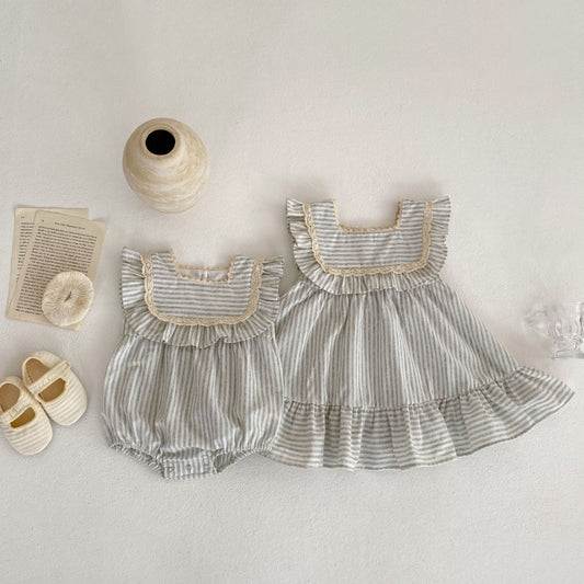 【姉妹服】夏新作 ストライプフリルロンパース、ワンピースSK072318