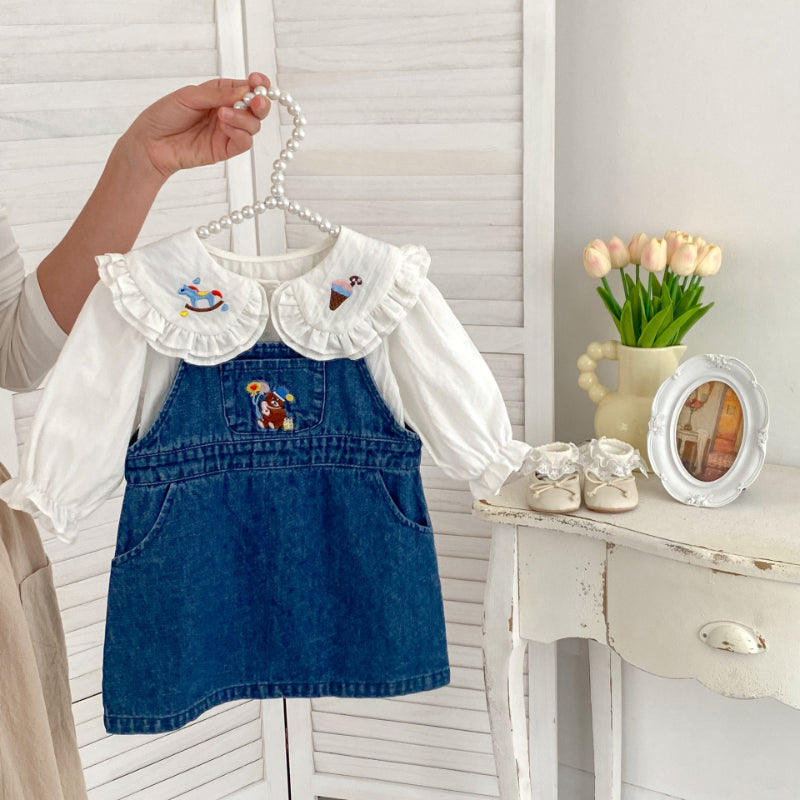 【BABY&KID】くま刺繍ジャンパースカート、カートゥーン刺繍襟ブラウスSK100841
