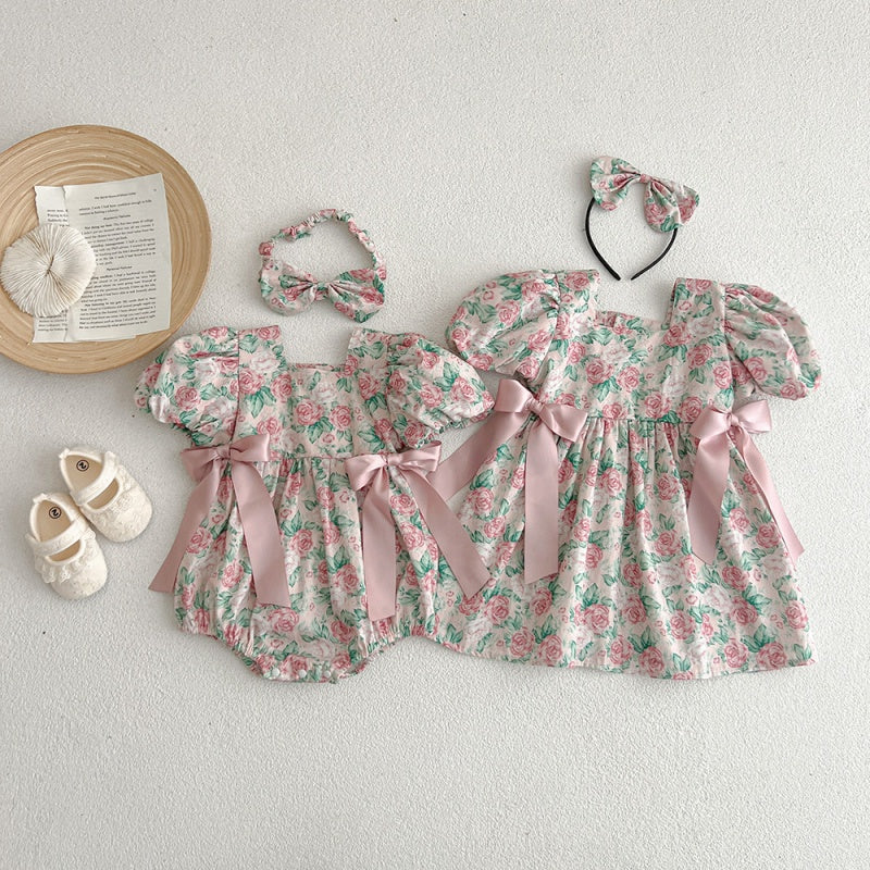 【姉妹服】夏新作 ローズプリントリボンロンパース、ワンピースSK072520