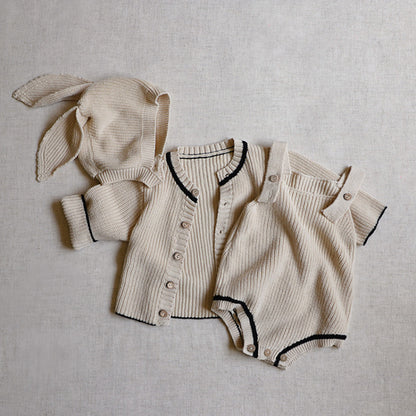 【BABY】無地ニットカーディガン、サロペットロンパース、大きな耳帽子SK101529