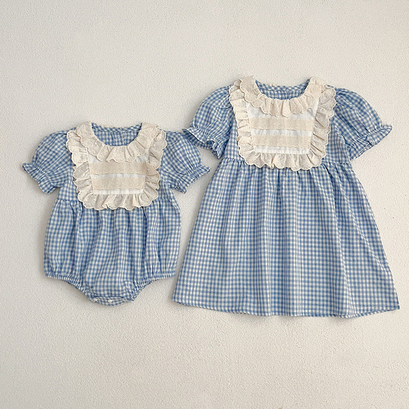 【姉妹服】夏新作 レース襟チェックロンパース、ワンピースSK072319