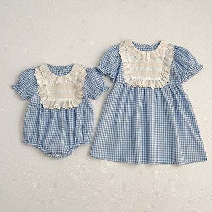 【姉妹服】夏新作 レース襟チェックロンパース、ワンピースSK072319
