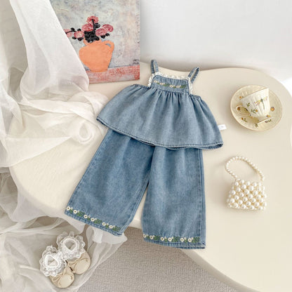 【BABY&KID】夏新作 フラワー刺繍デニムセットアップSK081531