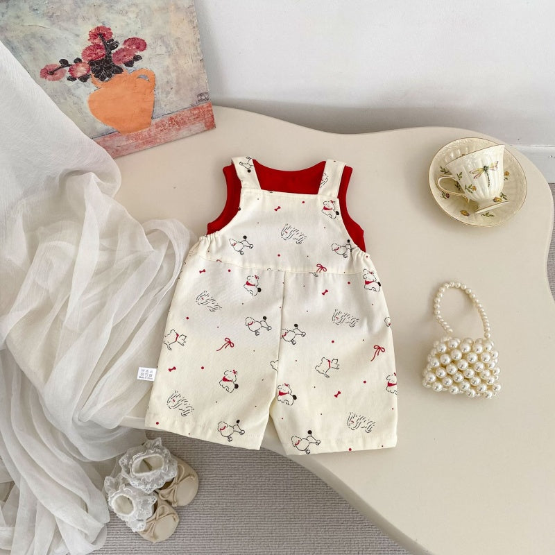【BABY&KID】夏新作いぬプリントサロペットショートパンツ＆無地タンクトップSK105509