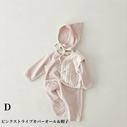 【BABY】ソフト細ストライプポケットカバーオールSK010313