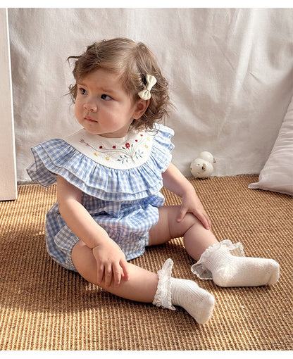 【BABY】夏新作 北欧風 刺繍付きフリルチェックロンパースSK091312