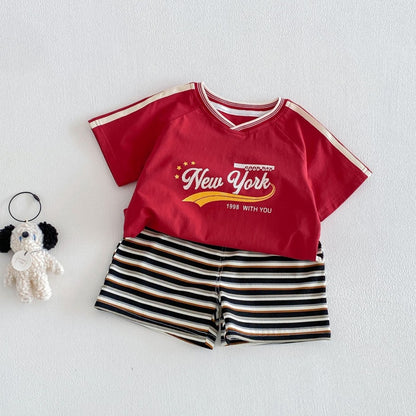 【BABY&KID】夏新作VネックロゴTシャツ、ボーダーショートパンツSK105515