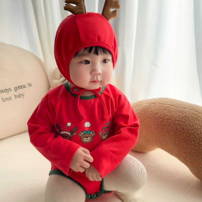 【BABY】トナカイプリントカバーオール＆角付き帽子セットSK102813