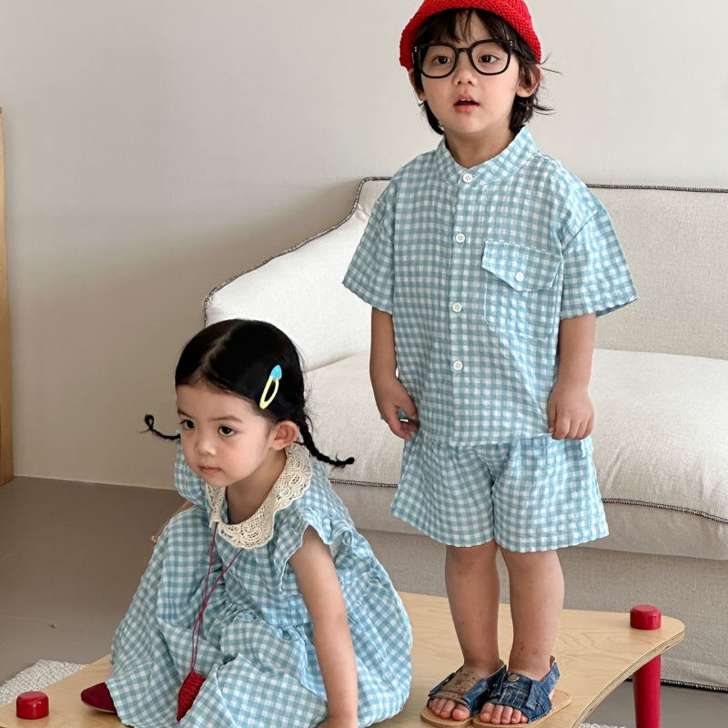 【BABY&KID】夏新作ブルーホワイトチェックセットアップ、ワンピースSK104702