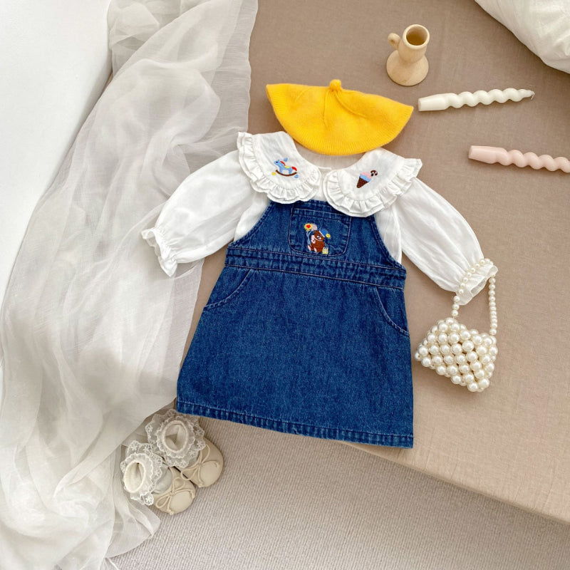 【BABY&KID】くま刺繍ジャンパースカート、カートゥーン刺繍襟ブラウスSK100841