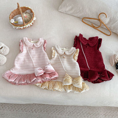 【BABY&KID】冬新作ツイード風お姫様ワンピース＆リボンアクセSK102733