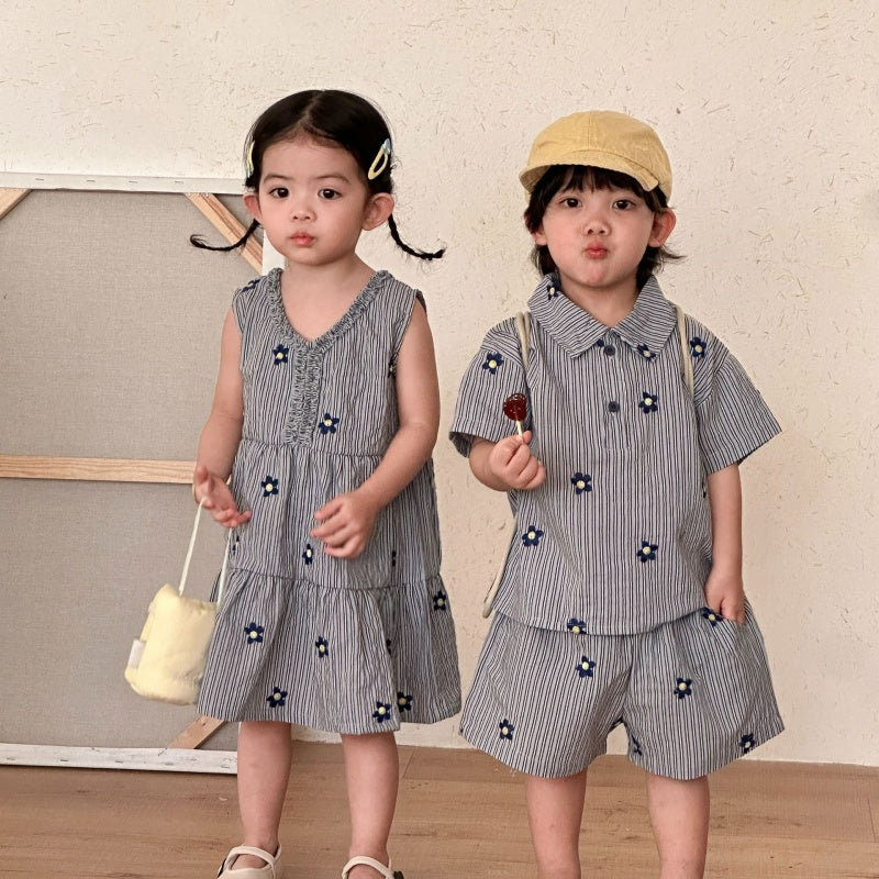 【BABY&KID】夏新作刺繍フラワーストライプセットアップ、ワンピースSK104712