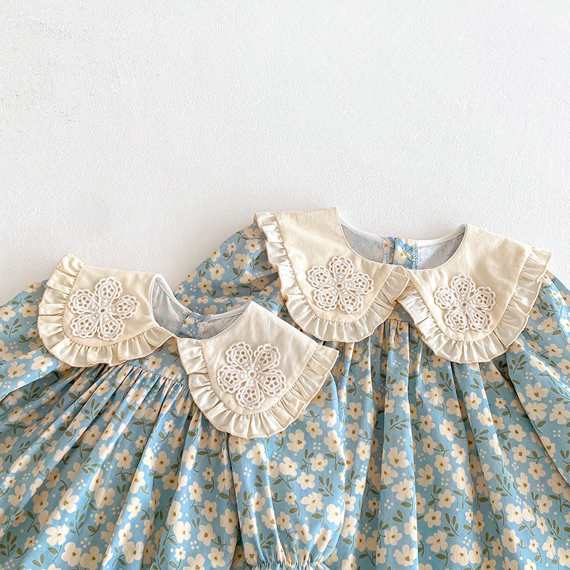【姉妹服】花刺繍襟ロンパース、ワンピースSK101135