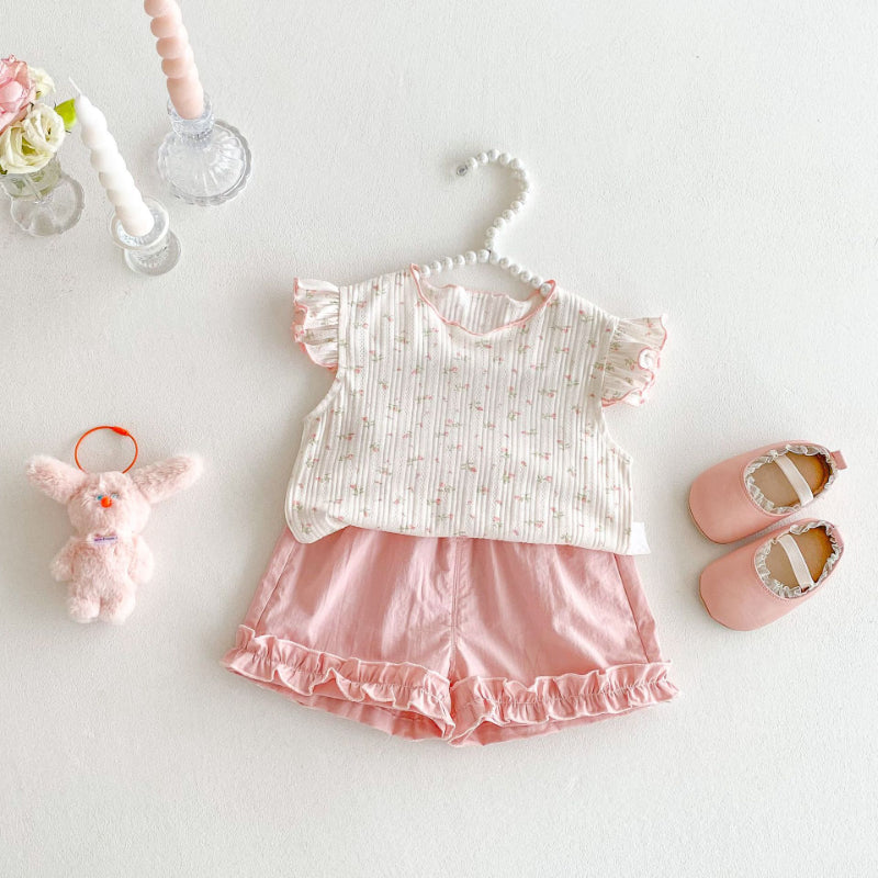【BABY&KID】夏新作 ニットフリル袖Tシャツ、ョートパンツSK080615