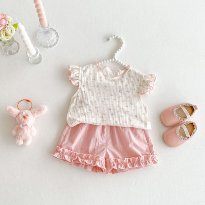 【BABY&KID】夏新作 ニットフリル袖Tシャツ、ョートパンツSK080615