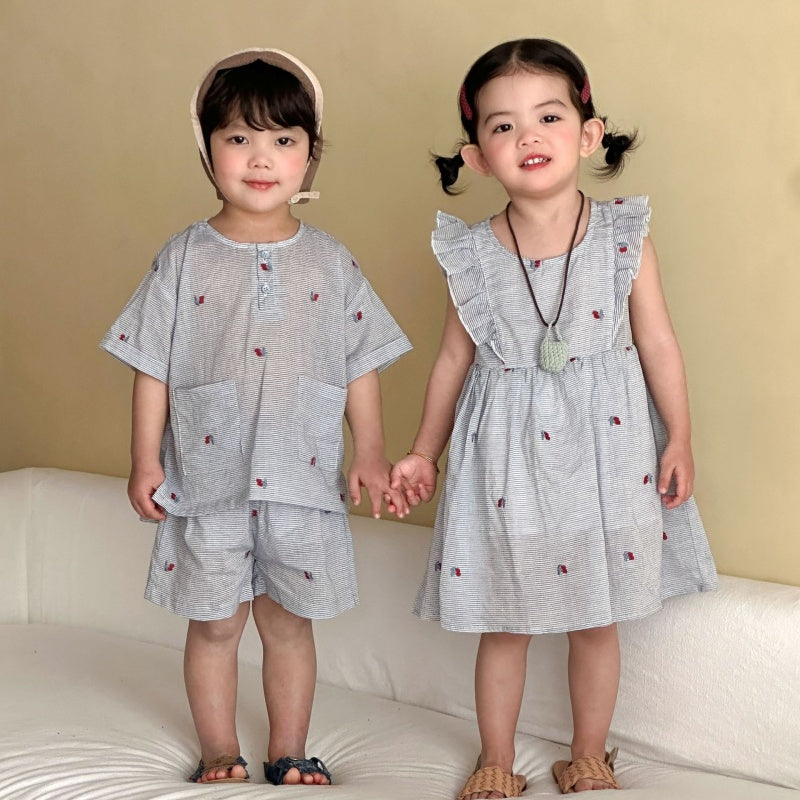 【BABY&KID】夏新作ブルーホワイトストライプセットアップ、ワンピースSK104723